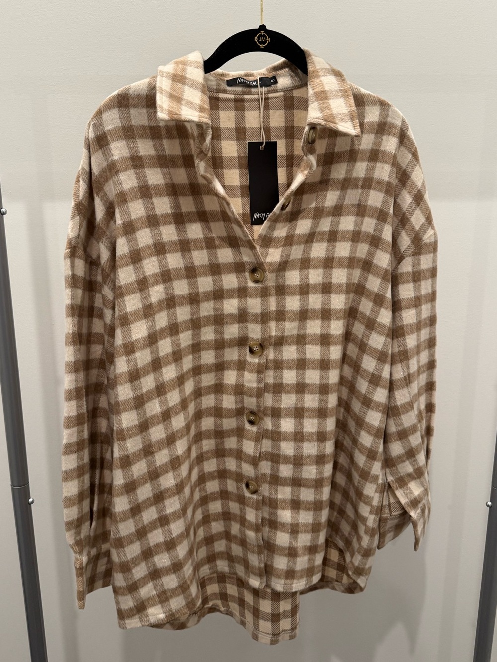 Nasty Gal Oversized Wool Look Check  Beige Size Small NWT
